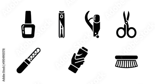 Nail Care Icons: Polish, Clippers, File, Scissors, Lotion, Brush Set