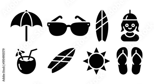 Summer Vacation Icons: Umbrella, Sunglasses, Surfboard, Cocktail, Sun, Flip-flops
