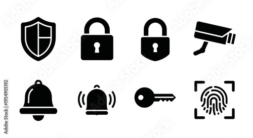 Security Icons: Shield, Padlocks, Camera, Bell, Key, Fingerprint - Data Protection
