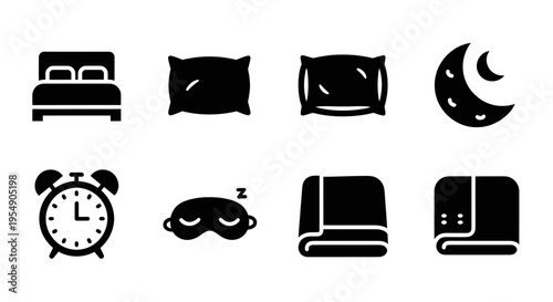 Bed, Pillow, Moon, Alarm Clock, Sleep Mask, Blanket Icons: Sleep and Rest Concept