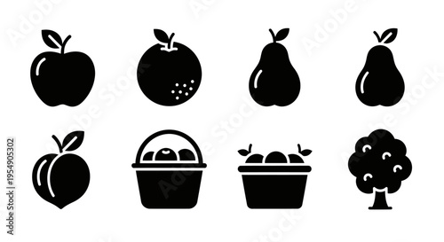 Collection of Fruit Icons: Apple, Orange, Pear, Peach, Basket, Tree - Vector Graphics