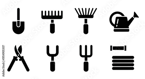 Gardening Tools Icons Set: Shovel, Rake, Pruners, Watering Can, Fork, Hose