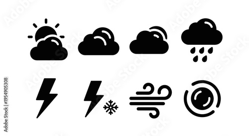 Weather Icons Set: Sun, Clouds, Rain, Snow, Lightning, Wind, Storm