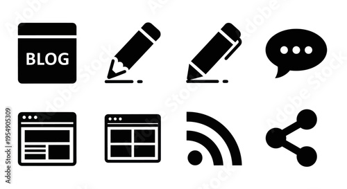 Blog Post Icons: Writing, Sharing, RSS Feed, Website Layouts, and Comments