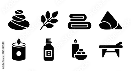 Spa and Wellness Icons: Stones, Candle, Towels, Massage Table, Oil, Plant