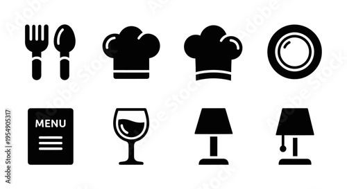 Restaurant Icons Set: Cutlery, Chef Hats, Plate, Menu, Wine Glass, Lamps