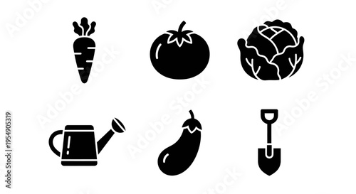 Garden Icons: Carrot, Tomato, Cabbage, Watering Can, Eggplant, Shovel