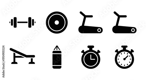 Fitness Icons: Dumbbell, Weight Plate, Treadmill, Bench, Punching Bag, Stopwatch