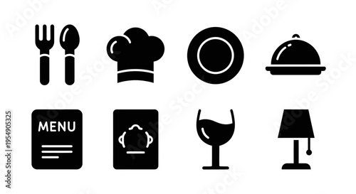 Restaurant Icons: Utensils, Chef Hat, Plate, Cloche, Menu, Wine Glass, Lamp