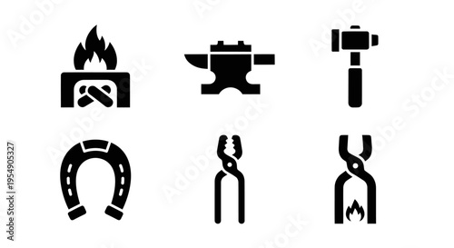 Blacksmith Icons: Forge, Anvil, Hammer, Horseshoe, Pliers, Tongs