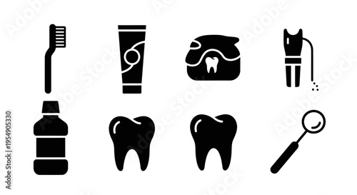 Dental Care Icons: Toothbrush, Toothpaste, Floss, Mouthwash, Mirror, and Teeth