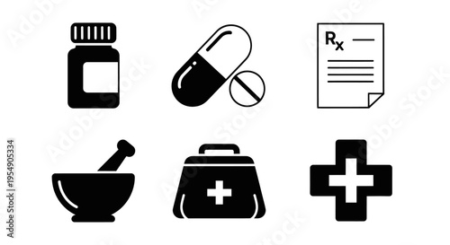 Medical Icons Set: Pharmacy, Pills, Prescription, Mortar, First Aid, Cross