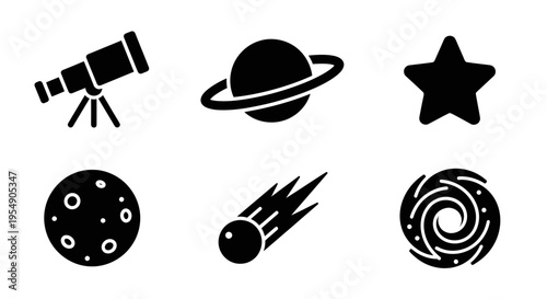 Space Icons: Telescope, Planet, Star, Moon, Comet, Galaxy Silhouette Set
