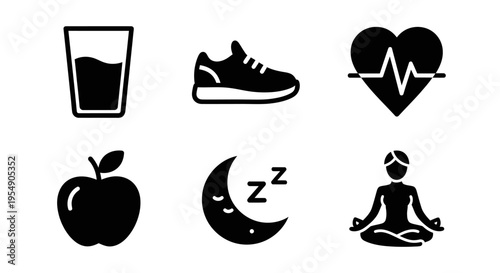 Healthy lifestyle icons: water, running, heart rate, apple, sleep, yoga