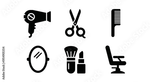 Hair Salon Icons: Hair Dryer, Scissors, Comb, Mirror, Makeup, Chair