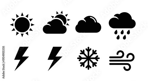 Weather Icons: Sun, Clouds, Rain, Lightning, Snow, Wind