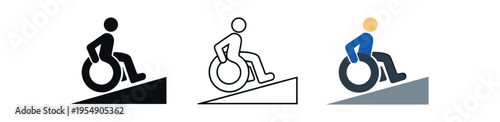 Three accessibility icons showing a person in a wheelchair ascending a ramp in black, outline, and colored styles.