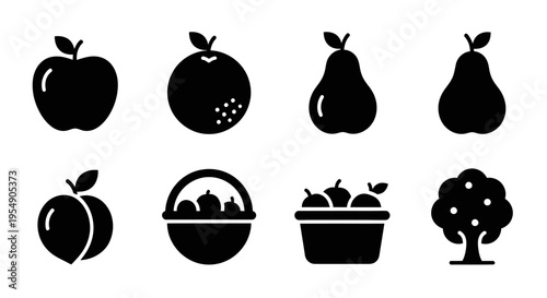 Set of fruit icons and tree silhouette in black and white