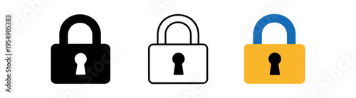 Three closed padlock icons with keyhole in black silhouette, outline, and blue yellow colored styles.