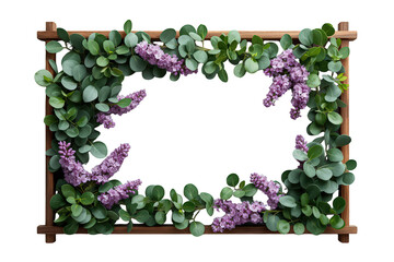 Wooden frame decorated with blooming lilac flowers and eucalyptus leaves, a beautiful natural border on transparent background