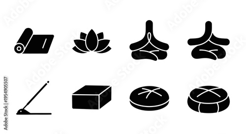 Yoga and Meditation Icons: Lotus, Mat, Incense, Cushion, Zen Symbols