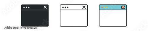 Three browser window icons shown in filled black, outline, and colored styles.