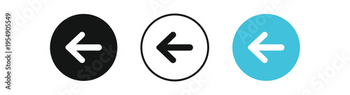 Three left arrow circle icons displayed in filled black, outline, and blue colored styles.