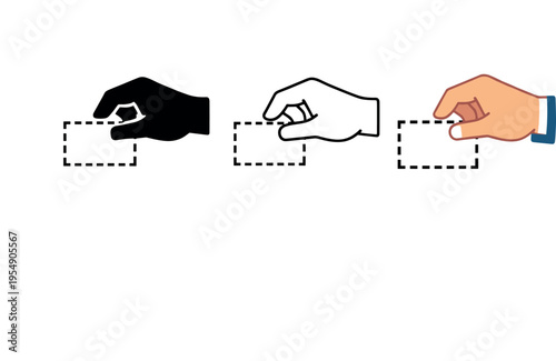 Three hand icons grasping a dashed rectangle card in black, outline, and colored styles.