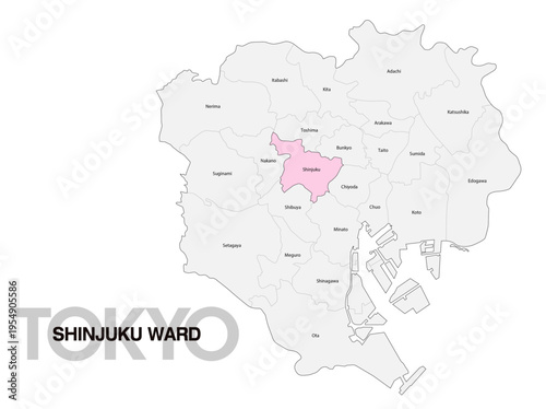 東京都新宿区の位置地図 区名有り(英語) 02