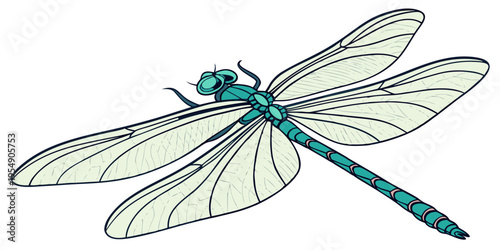 "A professional, ultra high-resolution 3D photorealistic render of a dragonfly, isolated on a solid white background. The insect is shown in a top-down symmetrical view, featuring vibrant iridescent e