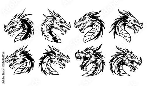 Dragon head logo set black and white outline mascot designs fantasy creature vector collection