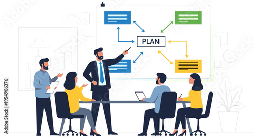 Diverse business team brainstorming meeting in modern office with flowchart on whiteboard in bright colorful illustration for business planning