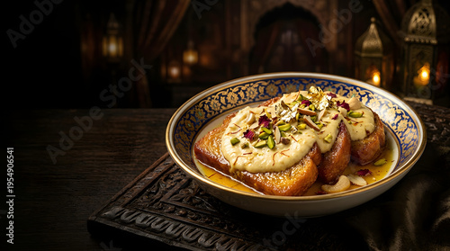 Royal Mughlai Shahi Tukda with Saffron Syrup, Rabri, and Gold Leaf on Dark Background