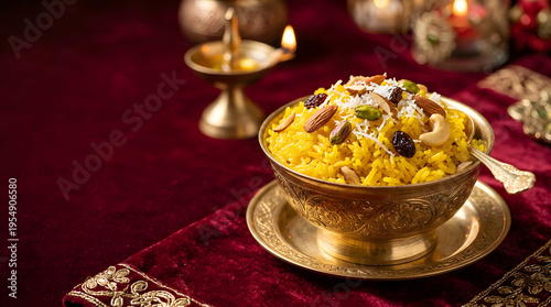 Royal Mughlai zarda rice, bright yellow sweet rice with nuts, raisins, and coconut flakes, served in golden bowl, velvet background