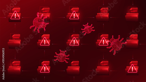 Technology background digital document files with security alerts for malware, viruses, and phishing attacks, representing cyber threat detection, data protection, cybersecurity warning systems