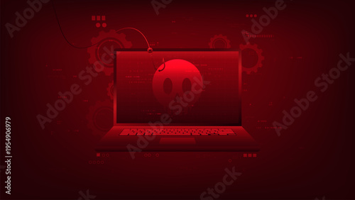 Cyber security concept laptop with a skull hooked by a phishing line, representing malware attacks, data theft, hacking threats, online fraud, and digital security risks in modern networks.