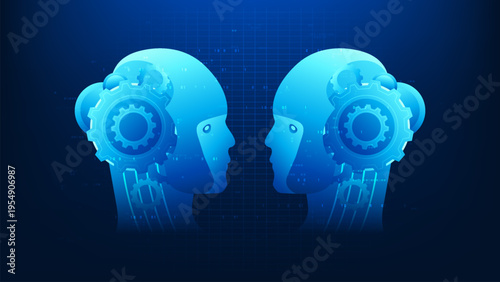 Machine learning technology background two robots facing each other, symbolizing AI learning, data exchange, neural network training, artificial intelligence interaction, and advanced automation