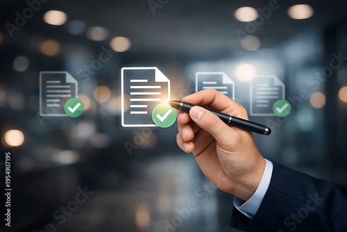 Businessman Hand Signing Digital Document with Checkmark Icons.