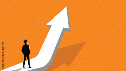 Businessman looking at a rising growth arrow on orange background