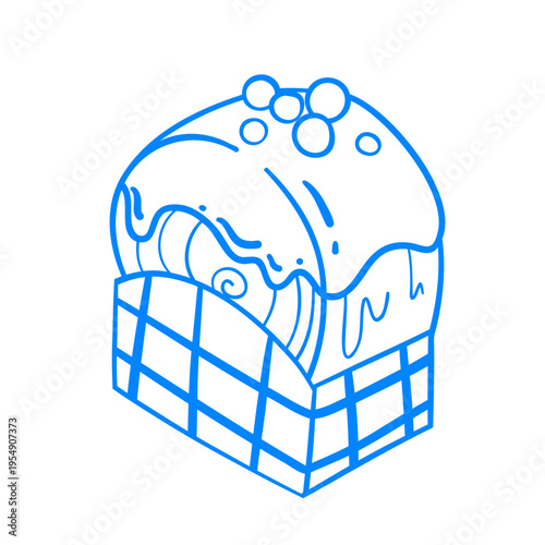 Round puff pastry croissant with icing and berries in a checkered cardboard box. A sweet bun for dessert.  Vector hand-drawn line drawing of breakfast food. Sketch doodle icon illustration in Mediterr