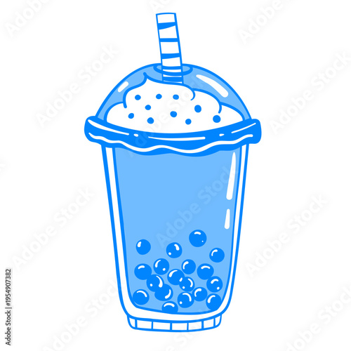 A cold summer drink with a straw. Tea with tapioca pearls. Fruit and berry smoothie doodle. Hand-drawn vector line art. Menu icon in a Mediterranean blue style.