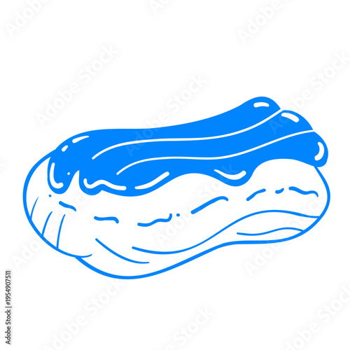 Eclair with chocolate cream. Sweet dessert vector illustration. Food icon in Mediterranean linear style. Line on transparent background for design element.