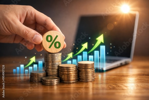Hand stacking coins with percentage symbol, growth chart, and laptop, symbolizing financial investment and interest rate increase.