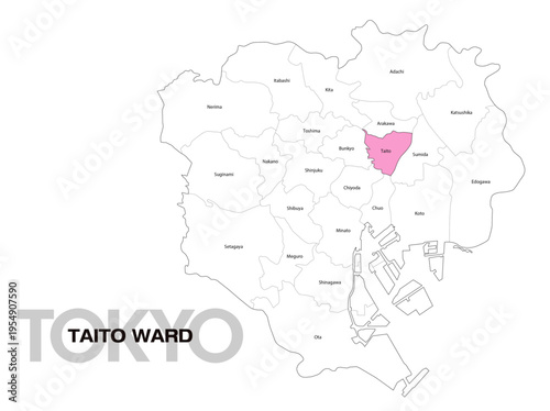 東京都台東区の位置地図 区名有り(英語) 04