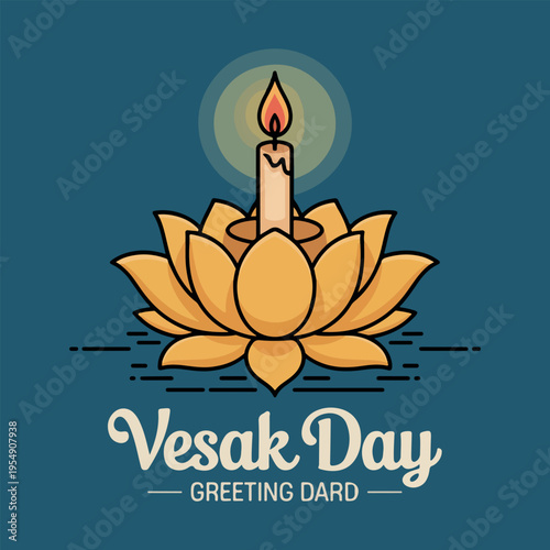 Yellow lotus flower with lit candle and Vesak Day text