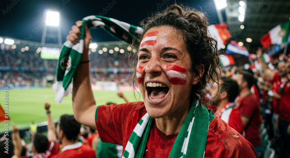 Obraz premium Austrian Female Soccer Fan Cheering with Face Paint in Stadium