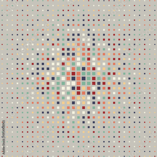 Abstract geometric pattern featuring a grid of multicolored squares with varying size and density
