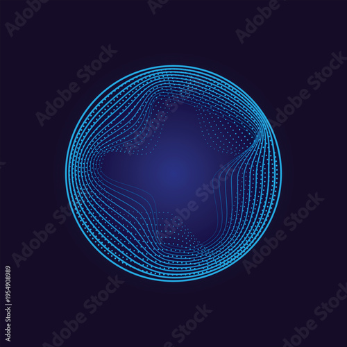 Abstract circular sphere formed by glowing blue flowing digital lines and intricate dot patterns