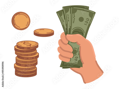 Hand holding paper money cash dollar coins finance business investment vector illustration currency wealth salary income icon graphic design isolated collection