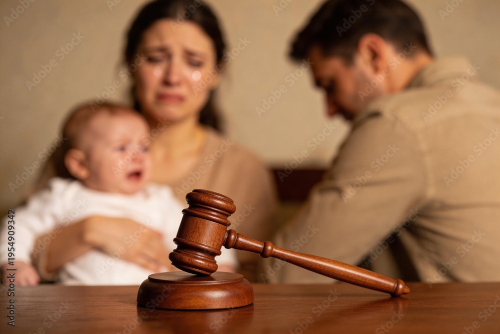 Fototapeta premium Martillo de juez en primer plano con una madre llorando, un bebé y un padre desenfocados en el fondo. Concepto de divorcio, separación y custodia legal infantil